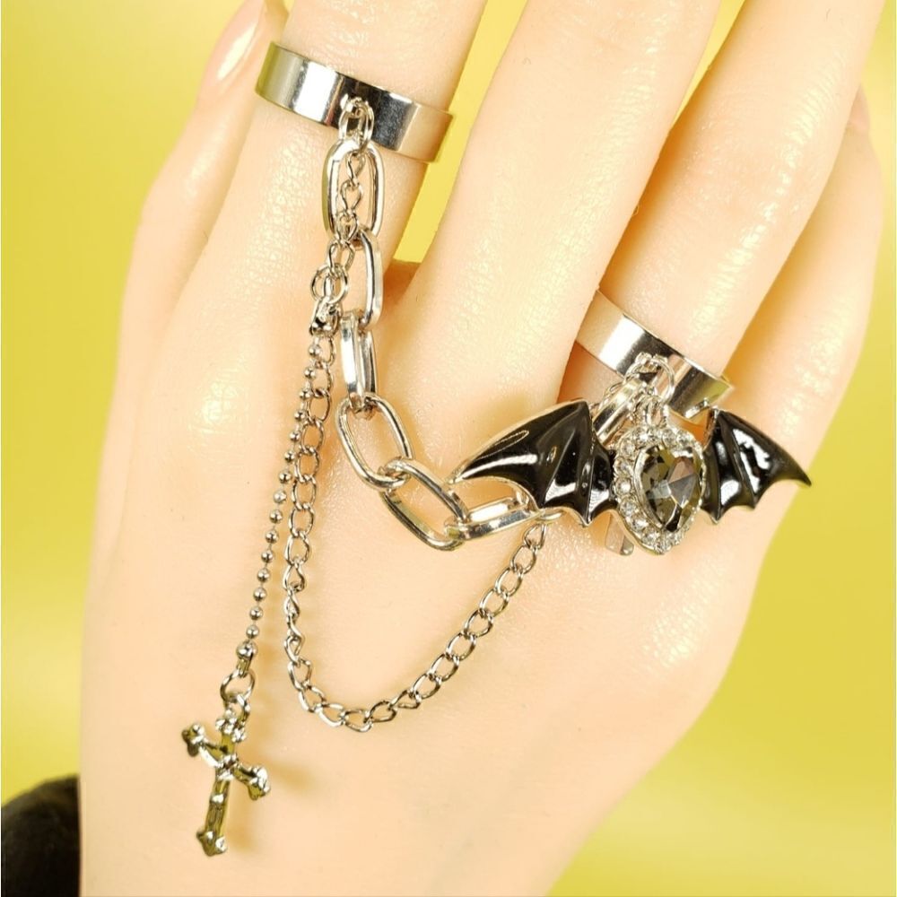 Brand New Silver Rhinestone Bat With Cross Chain Rings
